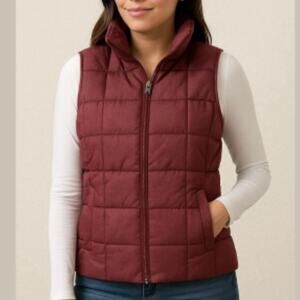 LAND’S END Cranberry Red Herringbone Zip-Up Down Filled Puffer Vest NEW